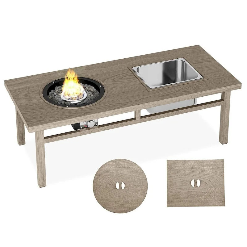 Patio Fire Pit Dining Table with Ice Bucket and Fire Pit