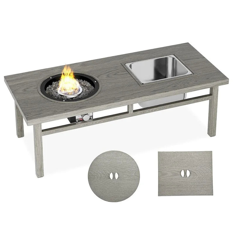 Patio Fire Pit Dining Table with Ice Bucket and Fire Pit