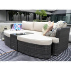 9-piece Patio Wicker Daybed Set with Concrete Fire Pit Table