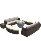 9-piece Patio Wicker Daybed Set with Concrete Fire Pit Table