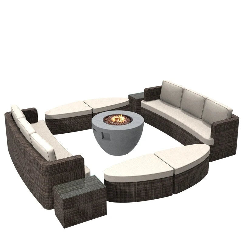 9-piece Patio Wicker Daybed Set with Concrete Fire Pit Table