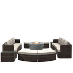 9-piece Patio Wicker Daybed Set with Concrete Fire Pit Table