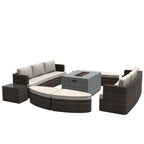 9-piece Patio Wicker Daybed Set with Concrete Fire Pit Table