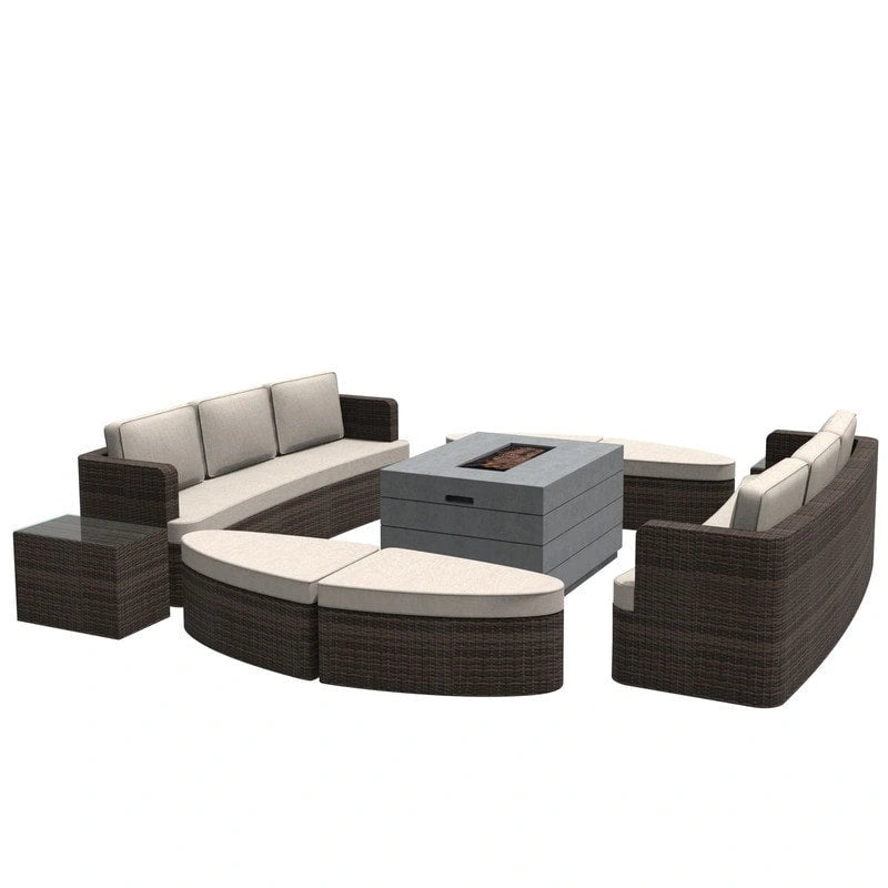 9-piece Patio Wicker Daybed Set with Concrete Fire Pit Table
