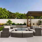 9-piece Patio Wicker Daybed Set with Concrete Fire Pit Table