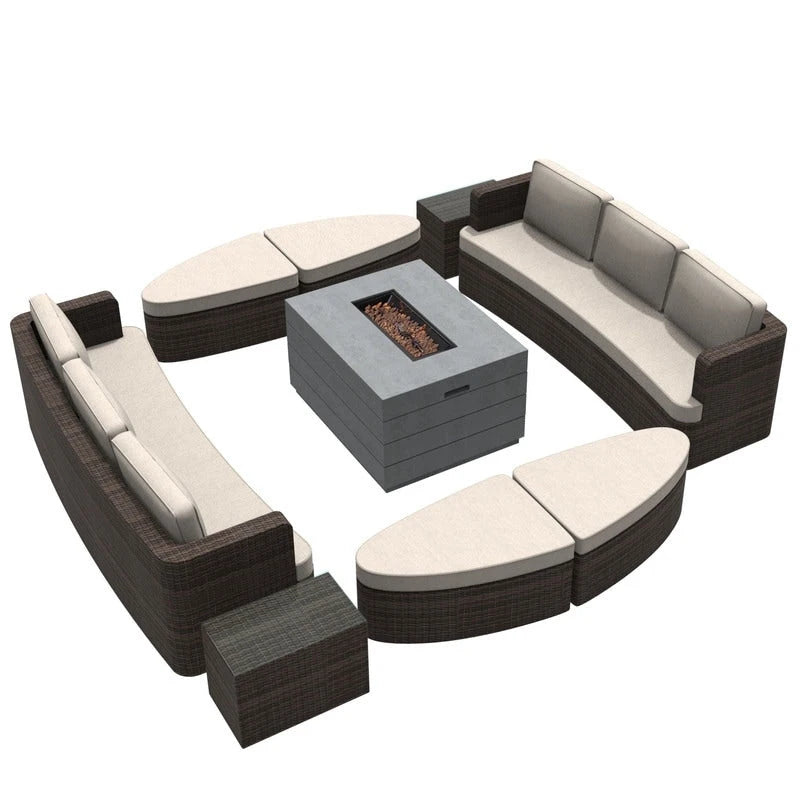9-piece Patio Wicker Daybed Set with Concrete Fire Pit Table