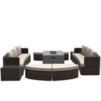 9-piece Patio Wicker Daybed Set with Concrete Fire Pit Table