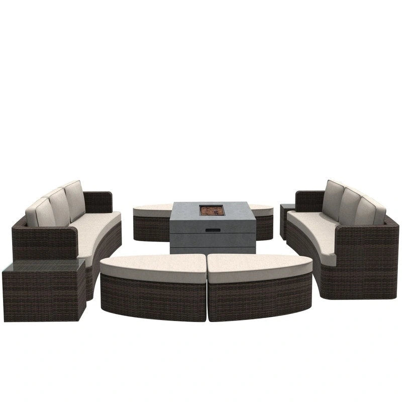 9-piece Patio Wicker Daybed Set with Concrete Fire Pit Table