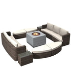 9-piece Patio Wicker Daybed Set with Concrete Fire Pit Table