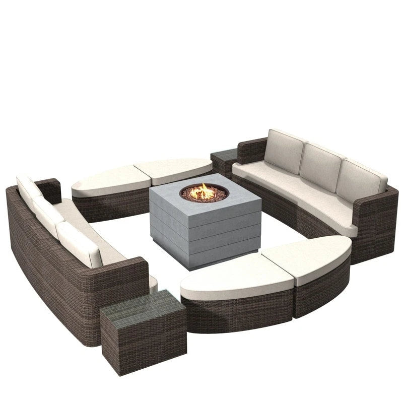 9-piece Patio Wicker Daybed Set with Concrete Fire Pit Table