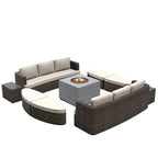 9-piece Patio Wicker Daybed Set with Concrete Fire Pit Table