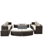 9-piece Patio Wicker Daybed Set with Concrete Fire Pit Table