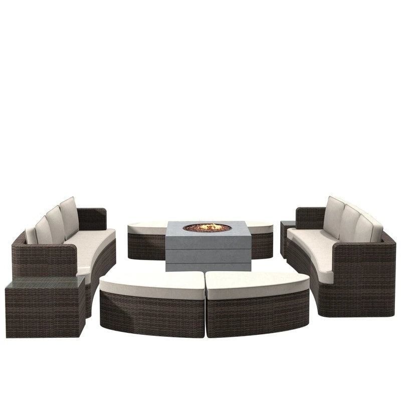 9-piece Patio Wicker Daybed Set with Concrete Fire Pit Table