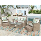 Patio Furniture Set, 4 Piece Outdoor Conversation Set All Weather Wicker Sectional Sofa with Ottoman and Cushions