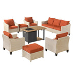 HOOOWOOO 8-piece Patio Wicker Rattan Conversation Set with Multifunctional Fire Pit Table