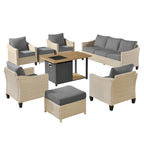 HOOOWOOO 8-piece Patio Wicker Rattan Conversation Set with Multifunctional Fire Pit Table
