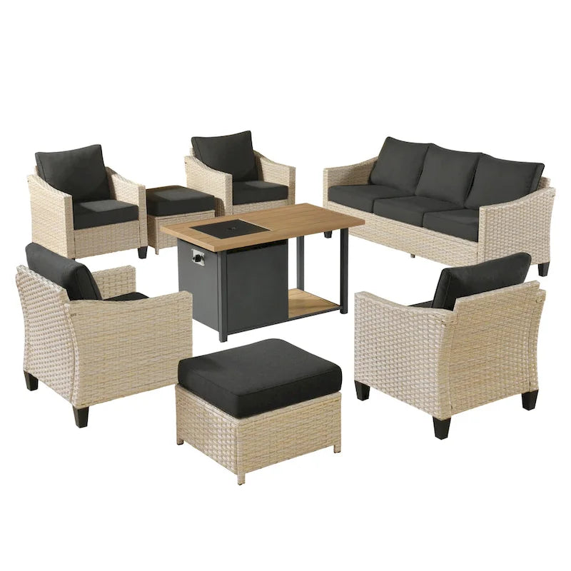 HOOOWOOO 8-piece Patio Wicker Rattan Conversation Set with Multifunctional Fire Pit Table