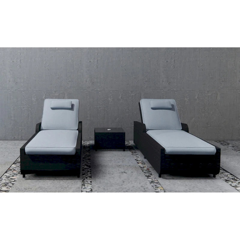 3-Pieces Outdoor Aluminum Adjustable Wicker Chaise Lounge Set