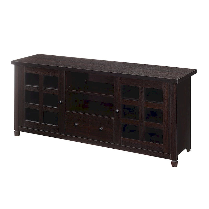 TV Stand with Glass Cabinets, Shelves & Drawer – Espresso / Black / White / Weathered Grey / Driftwood / Ivory / Barnwood, Transitional Style