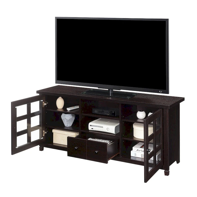 TV Stand with Glass Cabinets, Shelves & Drawer – Espresso / Black / White / Weathered Grey / Driftwood / Ivory / Barnwood, Transitional Style