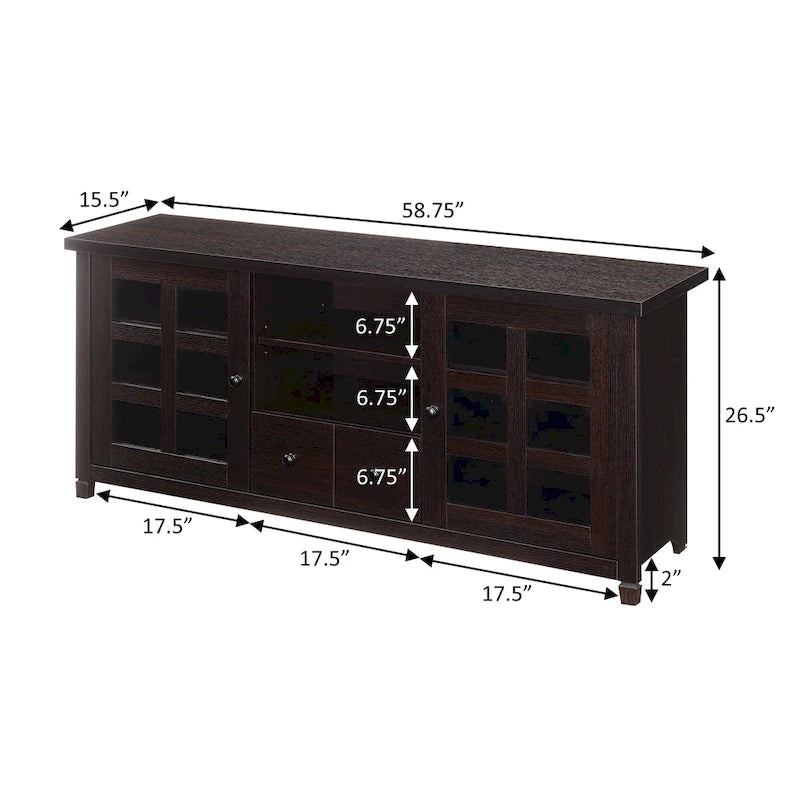 TV Stand with Glass Cabinets, Shelves & Drawer – Espresso / Black / White / Weathered Grey / Driftwood / Ivory / Barnwood, Transitional Style