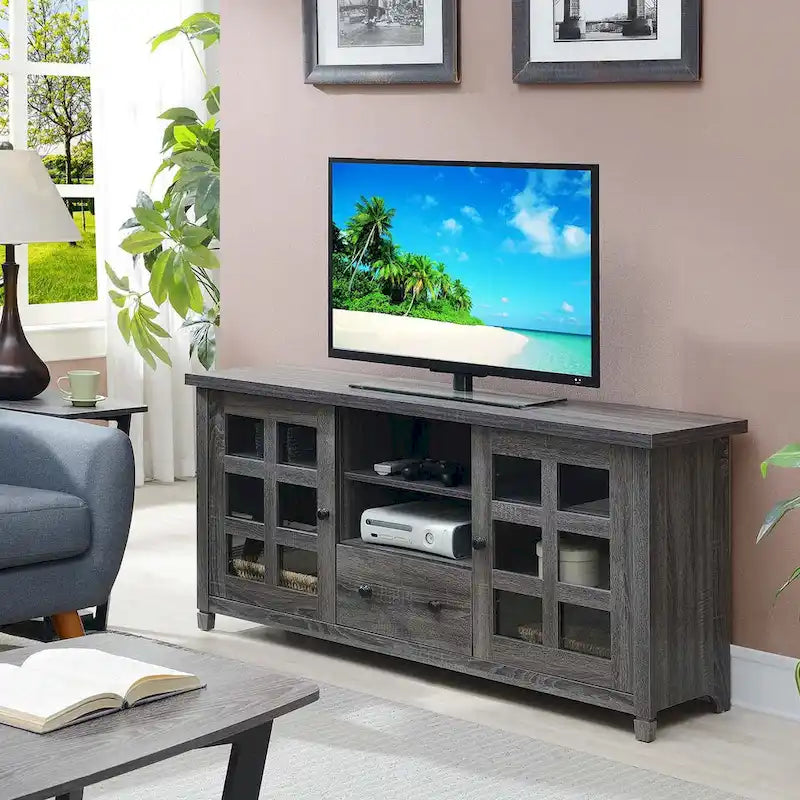 TV Stand with Glass Cabinets, Shelves & Drawer – Espresso / Black / White / Weathered Grey / Driftwood / Ivory / Barnwood, Transitional Style
