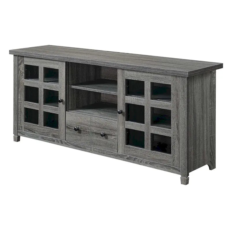 TV Stand with Glass Cabinets, Shelves & Drawer – Espresso / Black / White / Weathered Grey / Driftwood / Ivory / Barnwood, Transitional Style