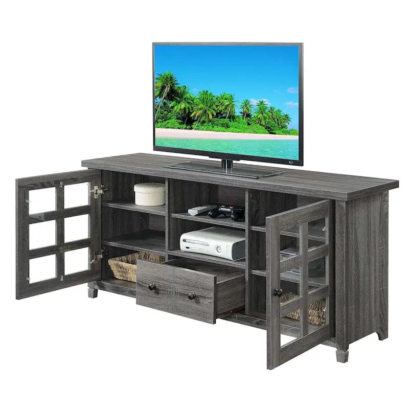 TV Stand with Glass Cabinets, Shelves & Drawer – Espresso / Black / White / Weathered Grey / Driftwood / Ivory / Barnwood, Transitional Style