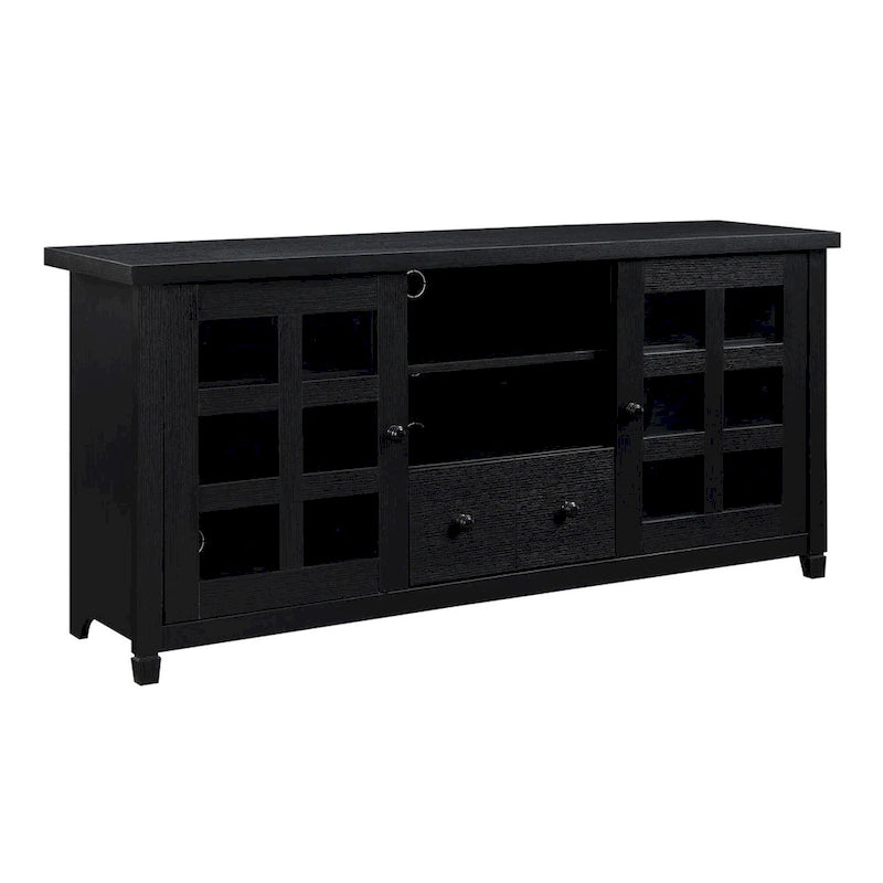 TV Stand with Glass Cabinets, Shelves & Drawer – Espresso / Black / White / Weathered Grey / Driftwood / Ivory / Barnwood, Transitional Style