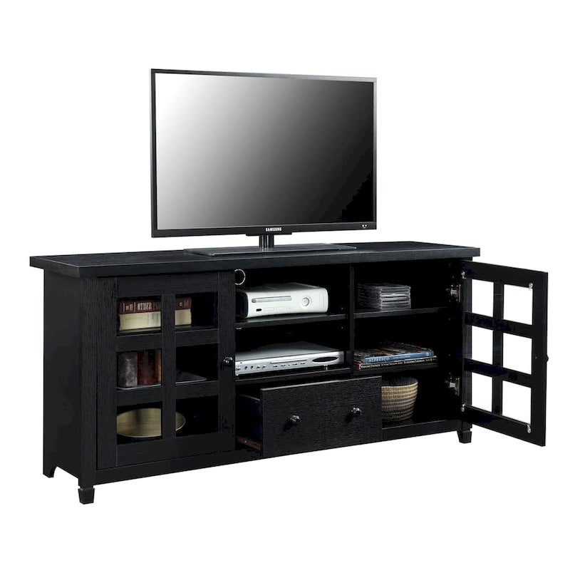 TV Stand with Glass Cabinets, Shelves & Drawer – Espresso / Black / White / Weathered Grey / Driftwood / Ivory / Barnwood, Transitional Style
