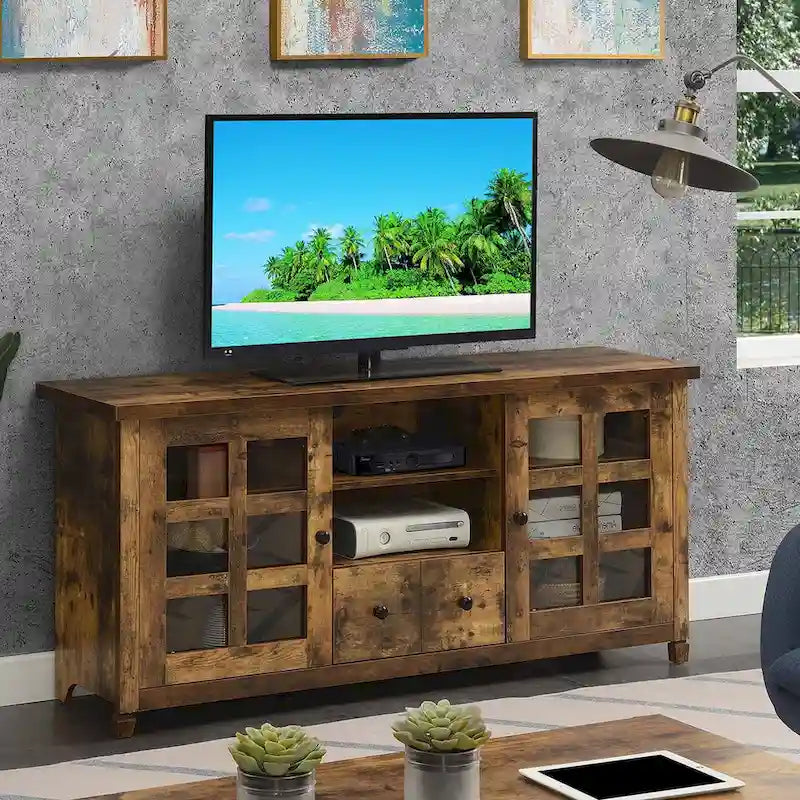 TV Stand with Glass Cabinets, Shelves & Drawer – Espresso / Black / White / Weathered Grey / Driftwood / Ivory / Barnwood, Transitional Style