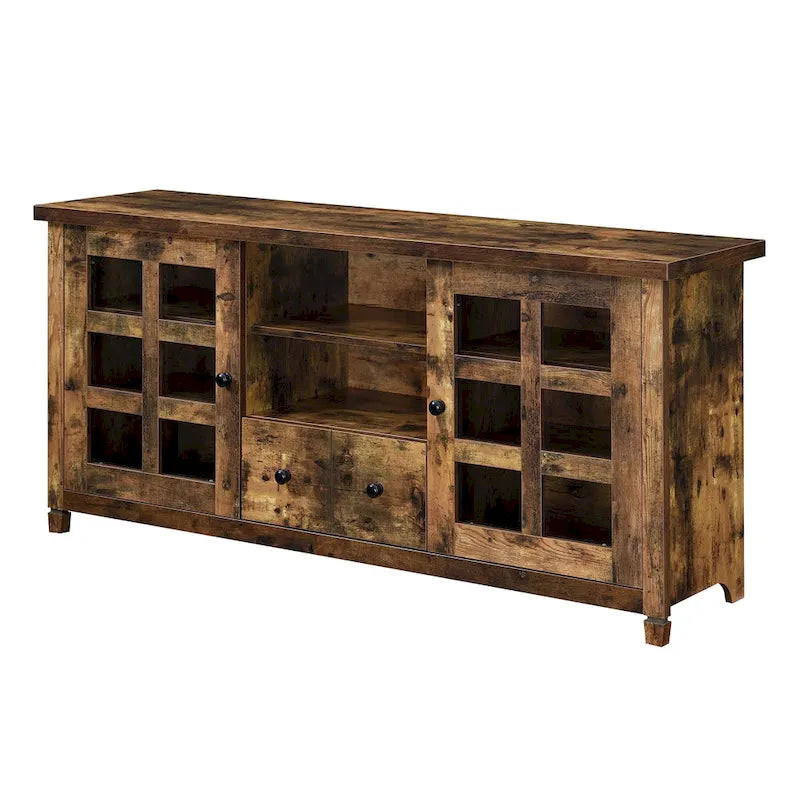 TV Stand with Glass Cabinets, Shelves & Drawer – Espresso / Black / White / Weathered Grey / Driftwood / Ivory / Barnwood, Transitional Style