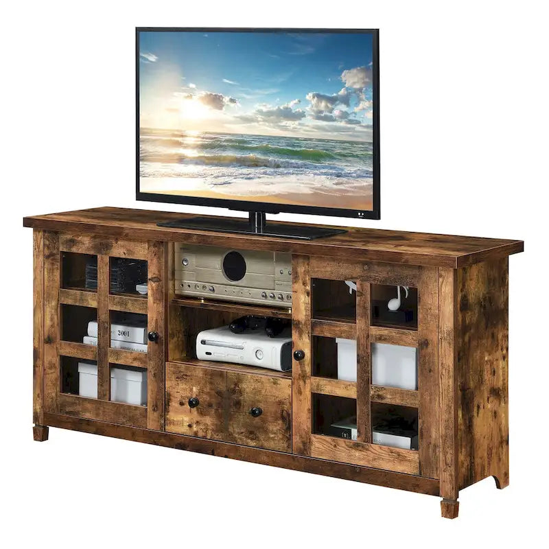 TV Stand with Glass Cabinets, Shelves & Drawer – Espresso / Black / White / Weathered Grey / Driftwood / Ivory / Barnwood, Transitional Style