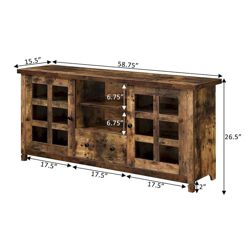 TV Stand with Glass Cabinets, Shelves & Drawer – Espresso / Black / White / Weathered Grey / Driftwood / Ivory / Barnwood, Transitional Style
