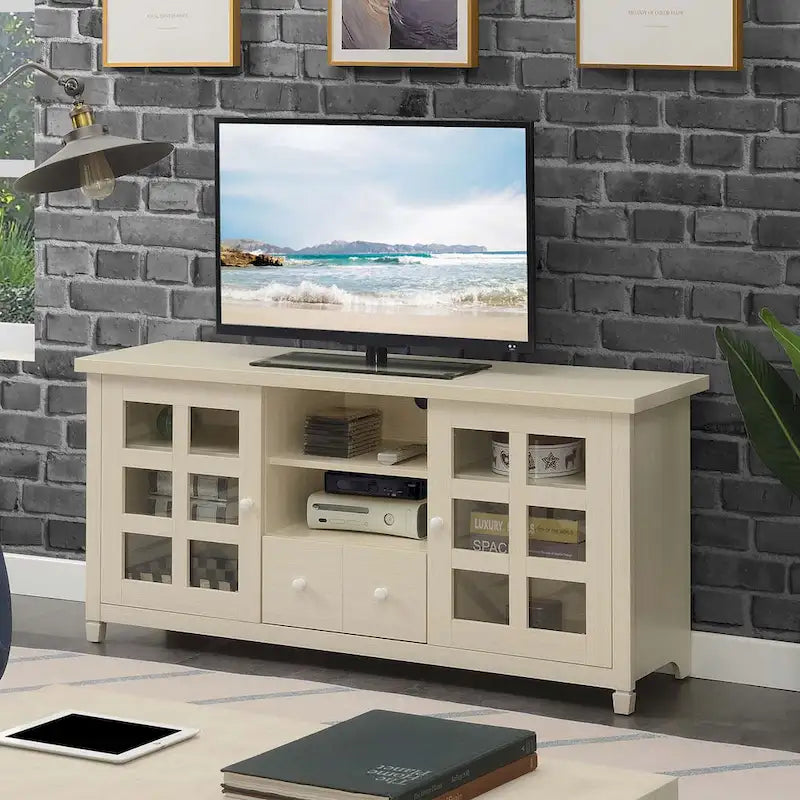 TV Stand with Glass Cabinets, Shelves & Drawer – Espresso / Black / White / Weathered Grey / Driftwood / Ivory / Barnwood, Transitional Style