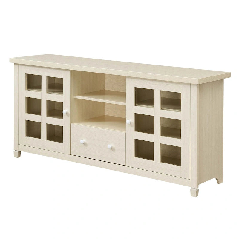 TV Stand with Glass Cabinets, Shelves & Drawer – Espresso / Black / White / Weathered Grey / Driftwood / Ivory / Barnwood, Transitional Style