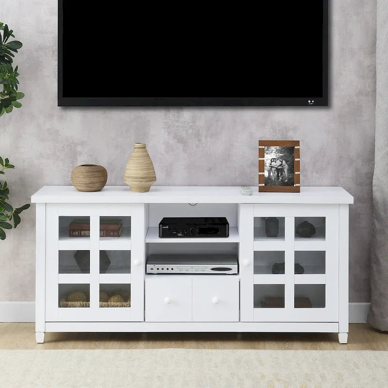 TV Stand with Glass Cabinets, Shelves & Drawer – Espresso / Black / White / Weathered Grey / Driftwood / Ivory / Barnwood, Transitional Style