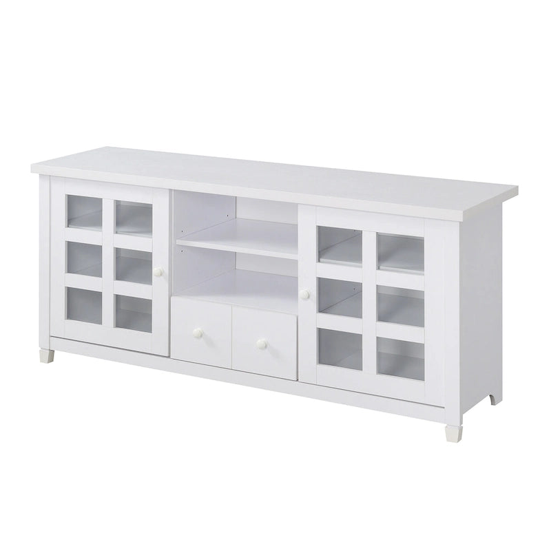 TV Stand with Glass Cabinets, Shelves & Drawer – Espresso / Black / White / Weathered Grey / Driftwood / Ivory / Barnwood, Transitional Style
