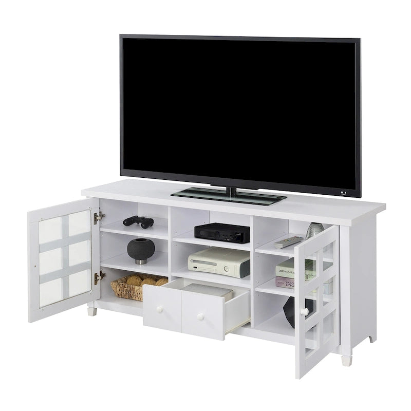 TV Stand with Glass Cabinets, Shelves & Drawer – Espresso / Black / White / Weathered Grey / Driftwood / Ivory / Barnwood, Transitional Style