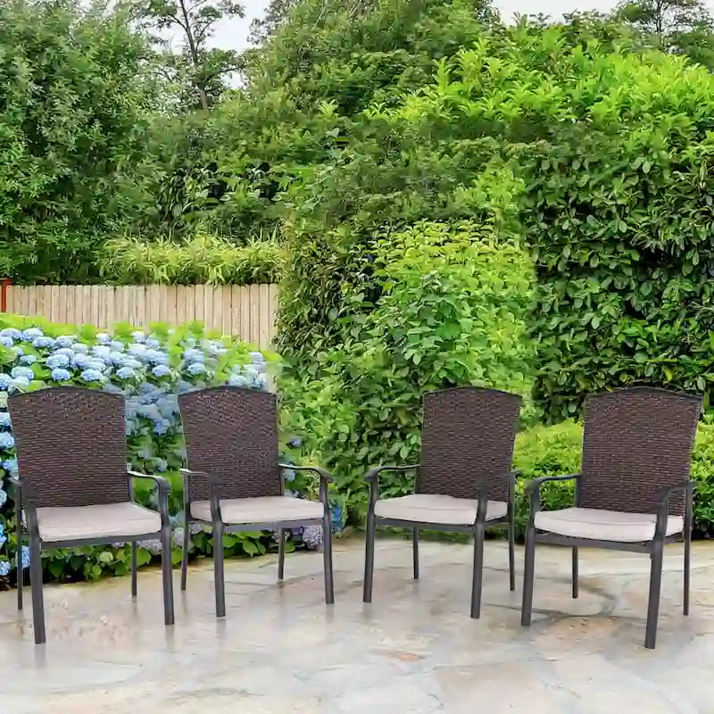 Patio Rattan Wicker Fixed Armrest Dining Chair with CushionSet of 2/4/6