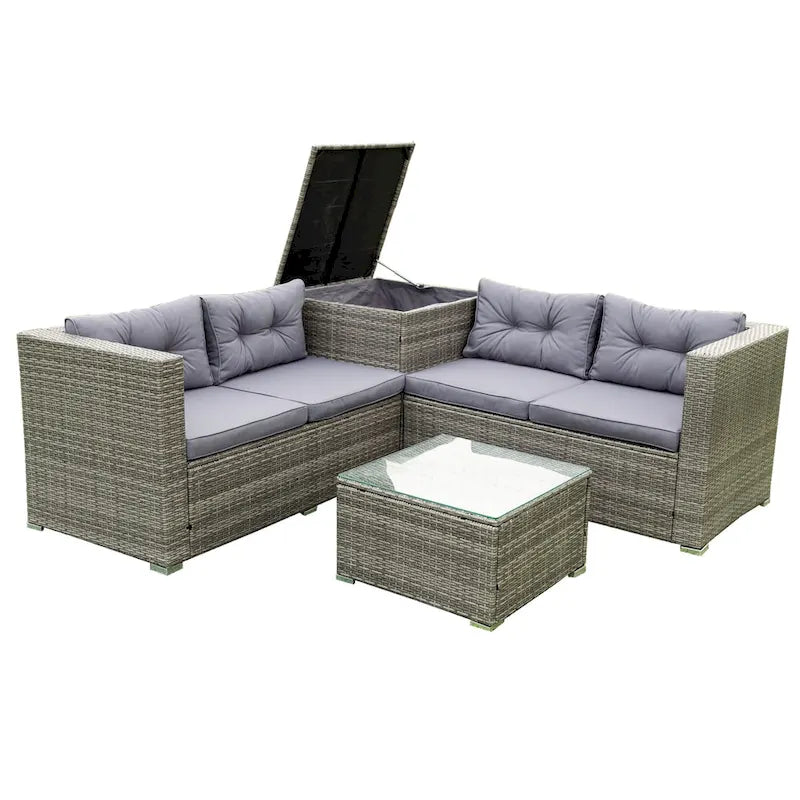 Outdoor Wicker 4 Piece Sectional Sofa Set with Storage Box