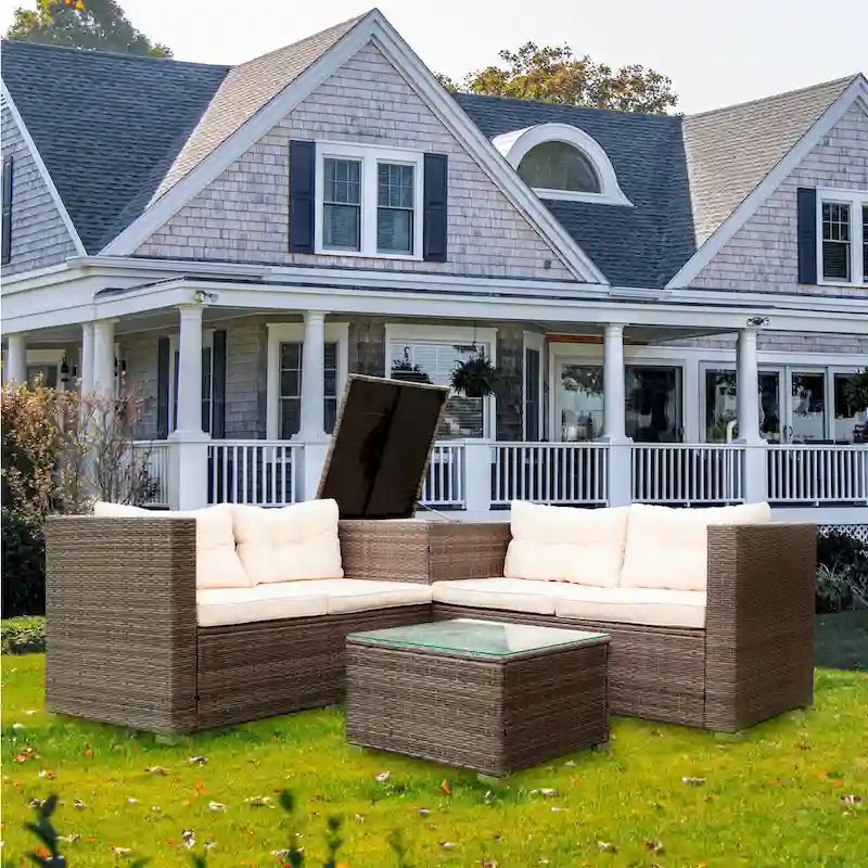 Outdoor Wicker 4 Piece Sectional Sofa Set with Storage Box