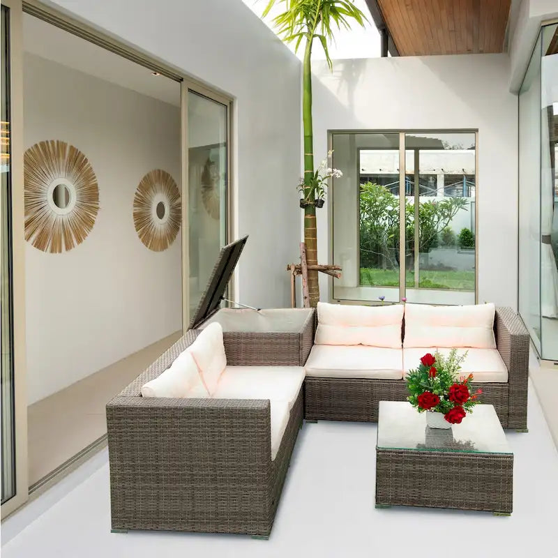 Outdoor Wicker 4 Piece Sectional Sofa Set with Storage Box