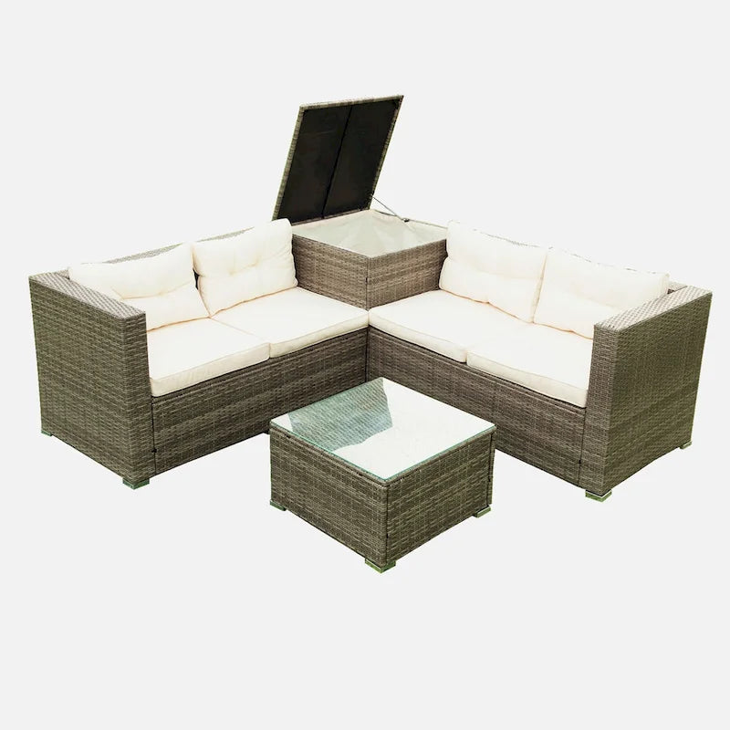 Outdoor Wicker 4 Piece Sectional Sofa Set with Storage Box
