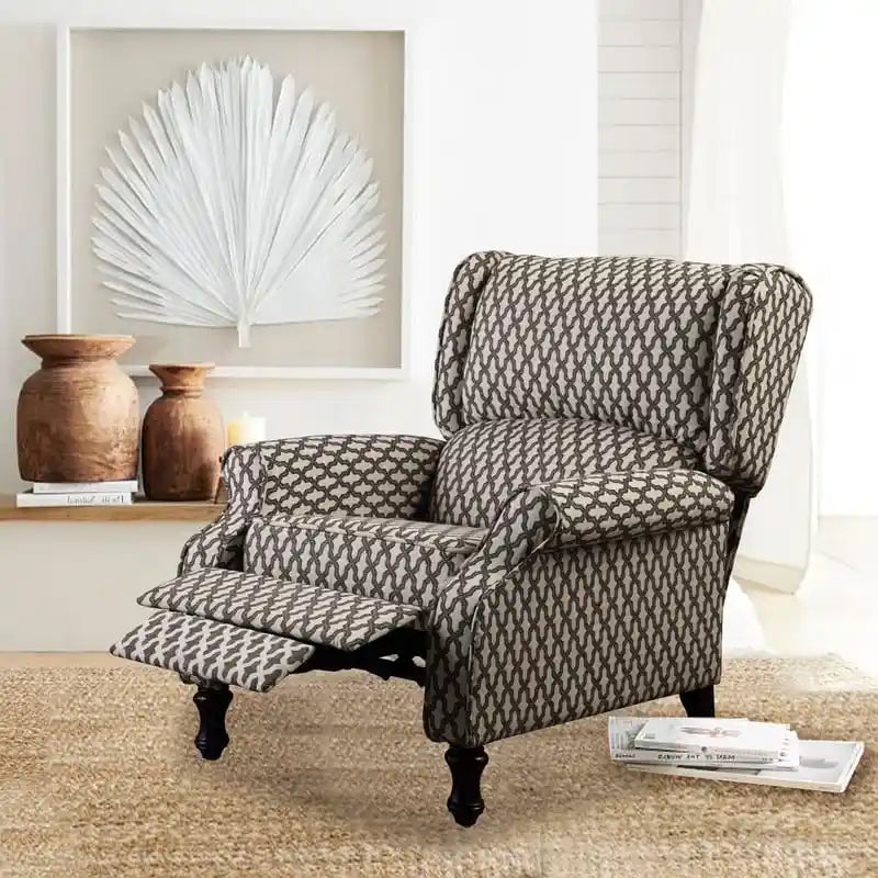 Manual Recliner Chair, Linen Trellis Pattern – Blue / Beige / Brown, Single