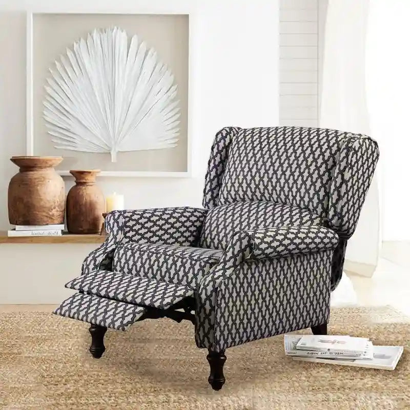 Manual Recliner Chair, Linen Trellis Pattern – Blue / Beige / Brown, Single