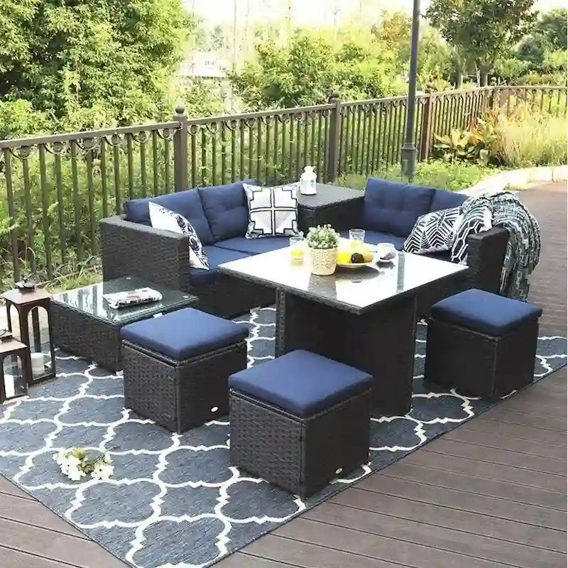 10-Piece Outdoor Patio Conversation Sectional Sofa Set with Table, Stools and Ottoman