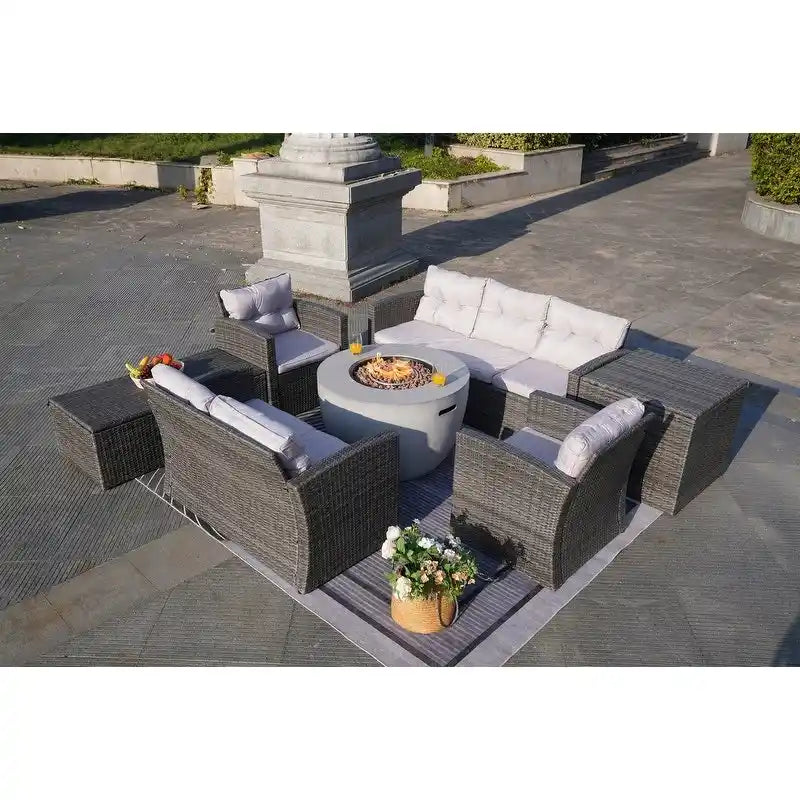 7-Piece Outdoor Wicker Conversation Sofa Set with Fire Pit
