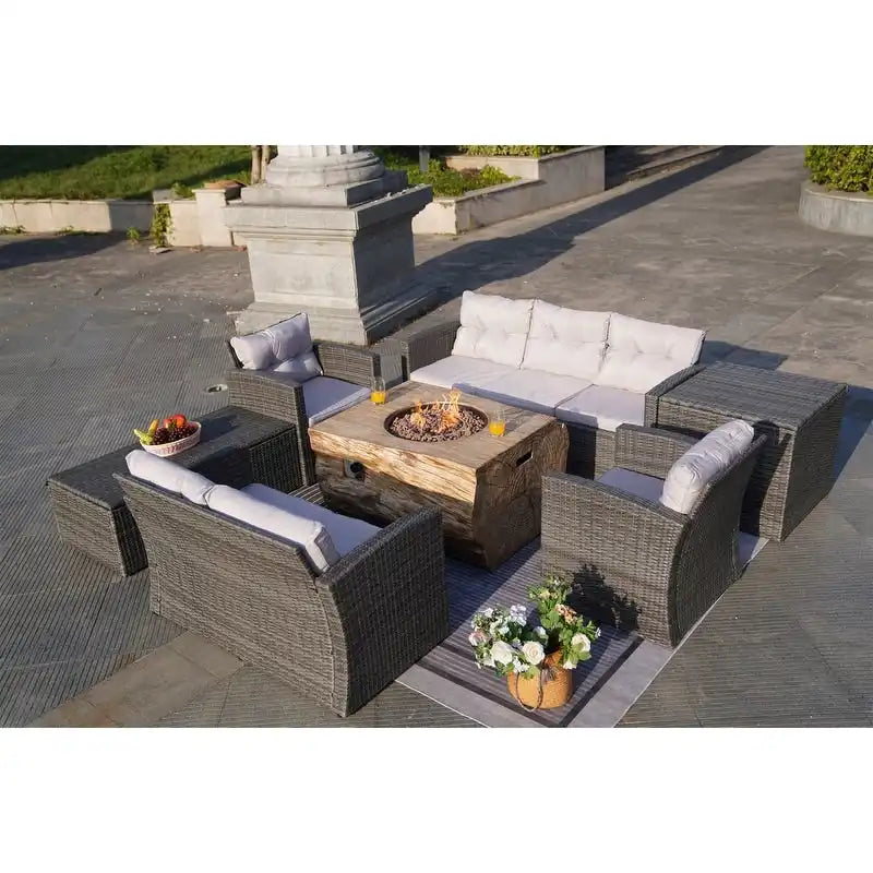 7-Piece Outdoor Wicker Conversation Sofa Set with Fire Pit