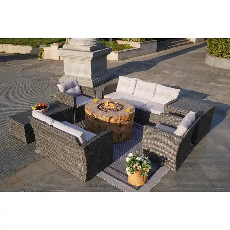 7-Piece Outdoor Wicker Conversation Sofa Set with Fire Pit